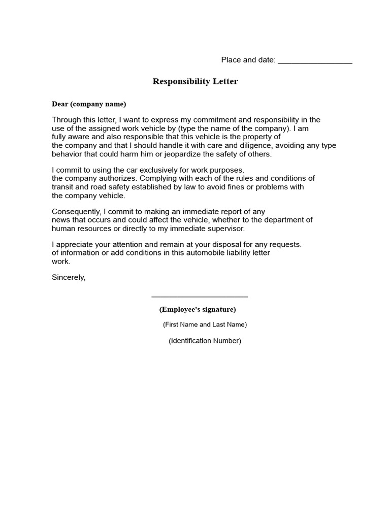 Work Vehicle Responsibility Letter | PDF