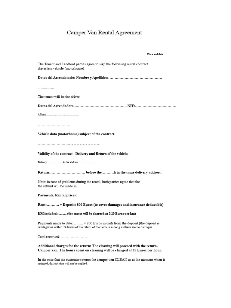 Camper Van Rental Agreement Template | PDF | Lease | Landlord
