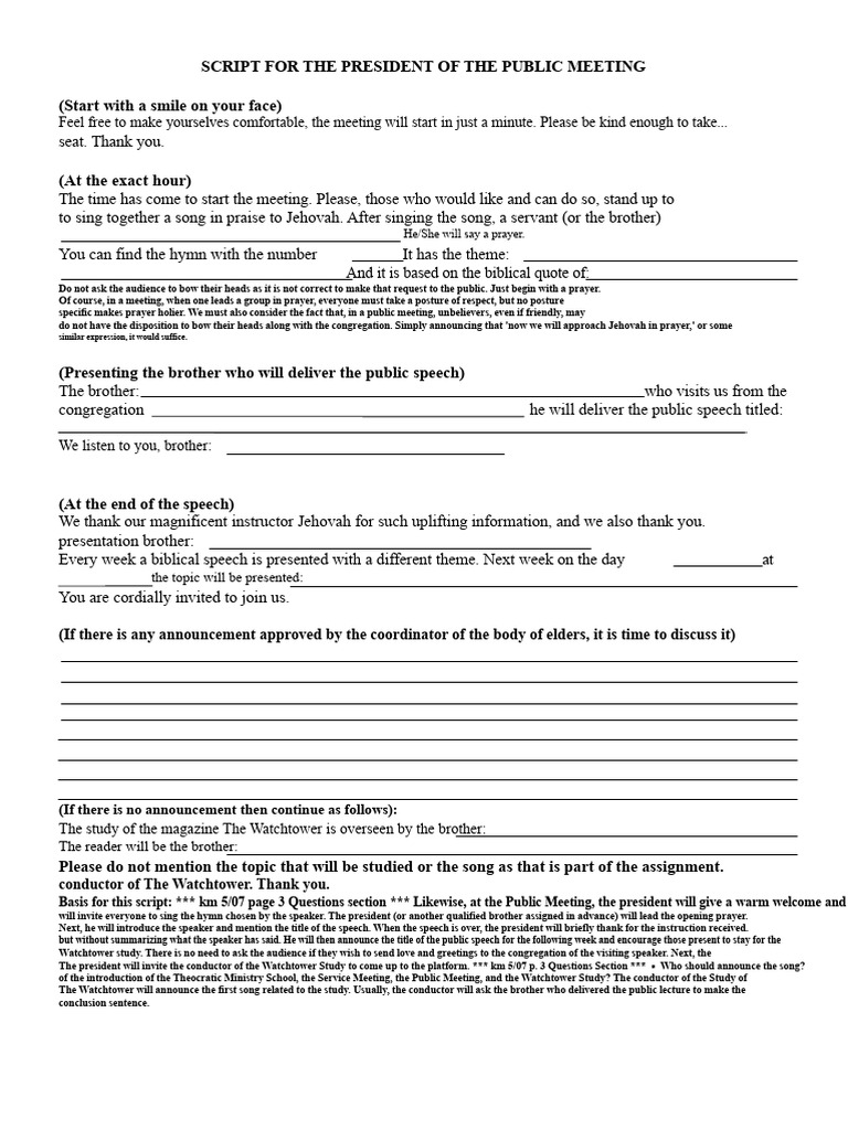 Public Meeting Script for Leaders | PDF | Prayer