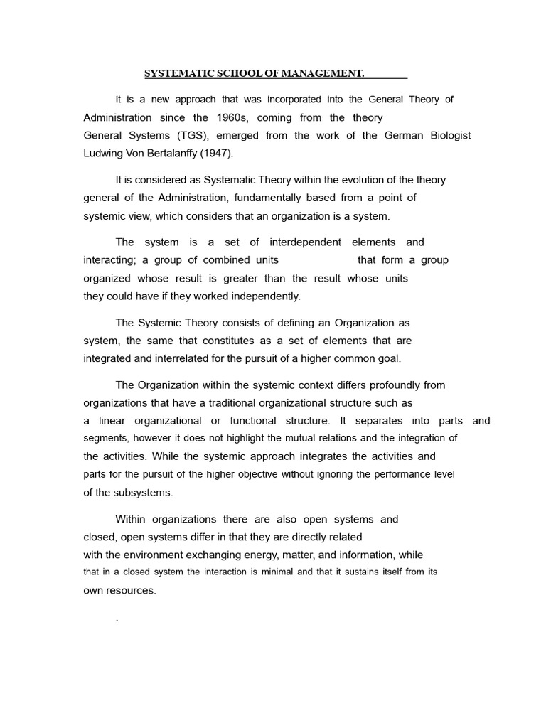 Systematic School of Management Overview | PDF | System | Systems Theory