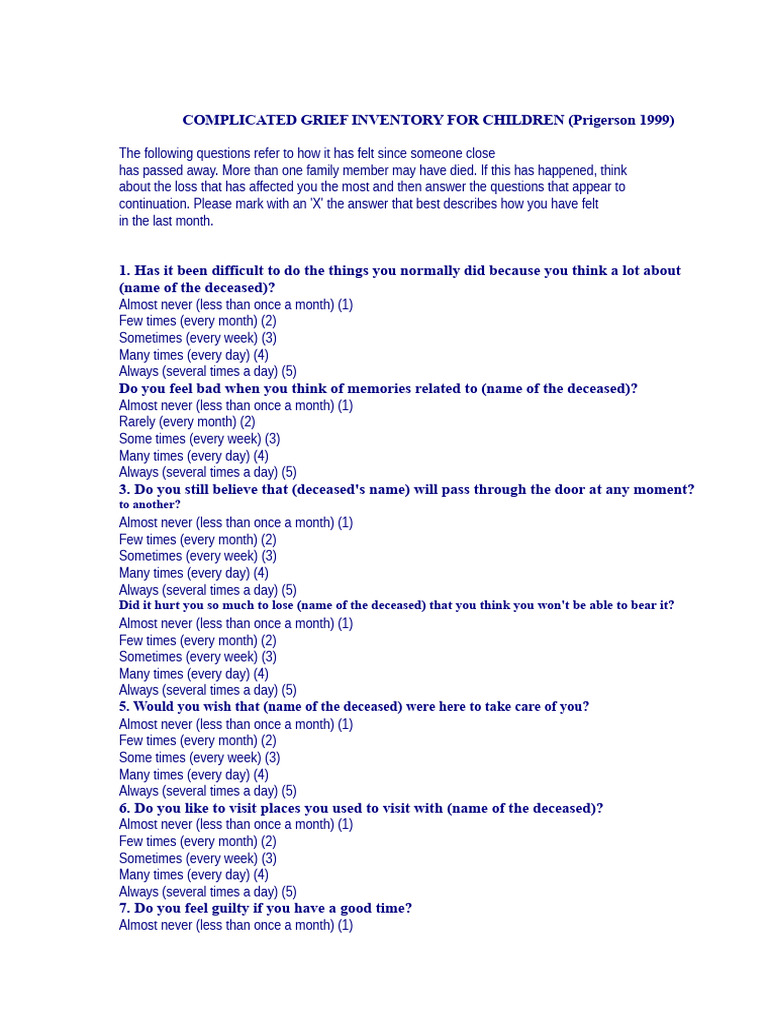Complicated Grief Inventory for Kids | PDF | Grief | Psychological Concepts
