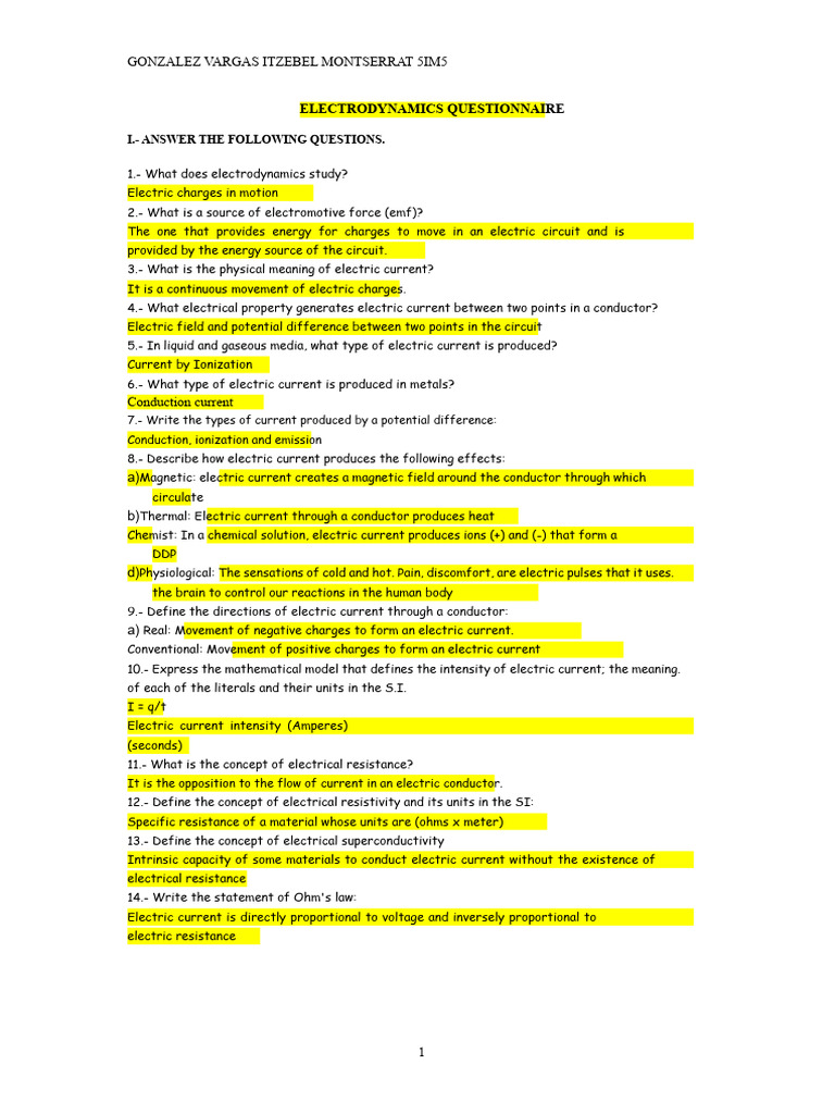 Electrodynamics Questionnaire | PDF | Electric Current | Electrical ...