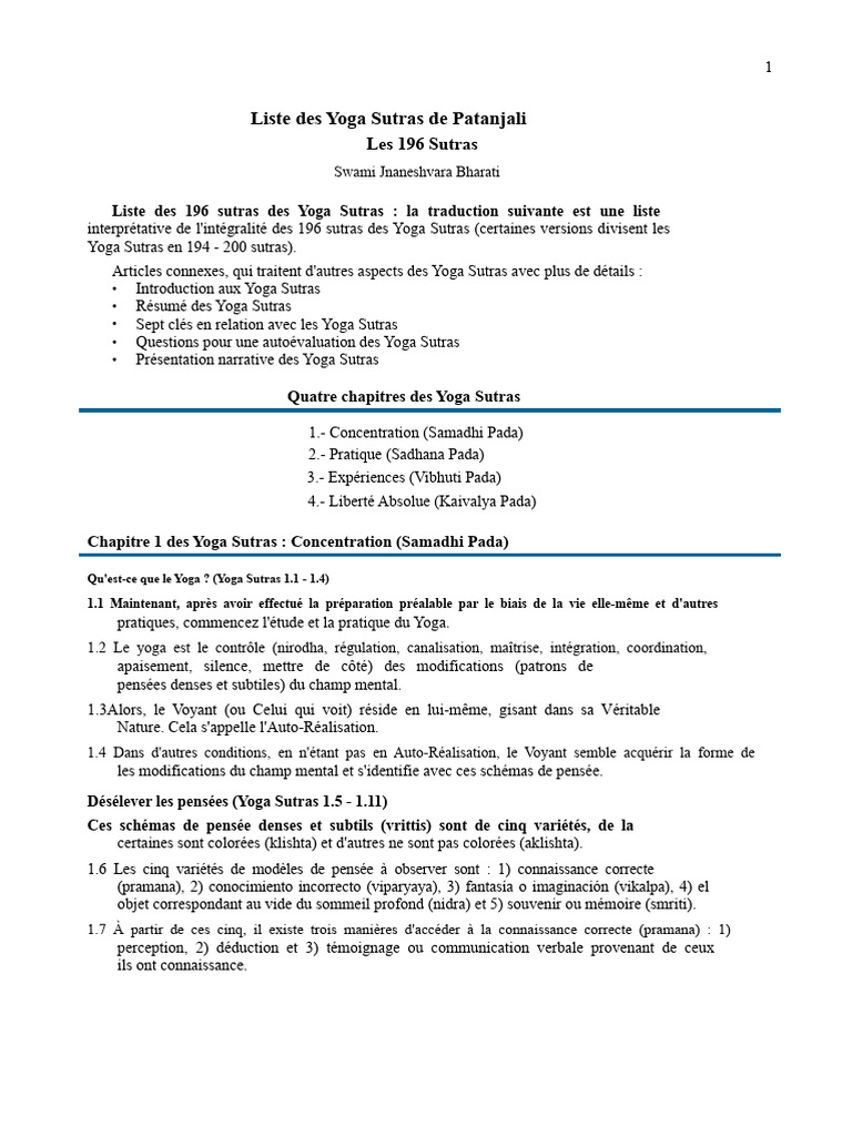 Liste des Yoga Sutras de Patanjali | PDF | Yoga | la perception
