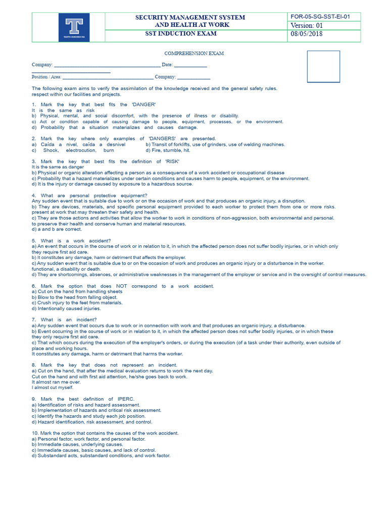 Safety Management Induction Exam Guide | PDF | Risk | Hazards