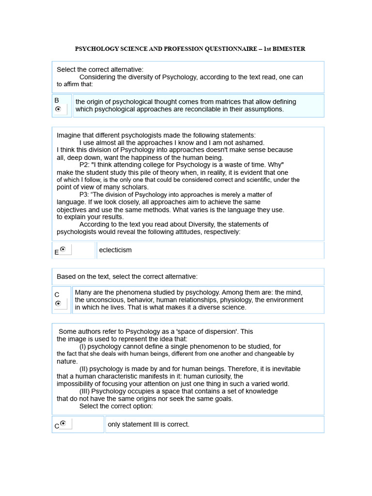 Psychology Questionnaire Science and Profession 1st Semester | PDF ...