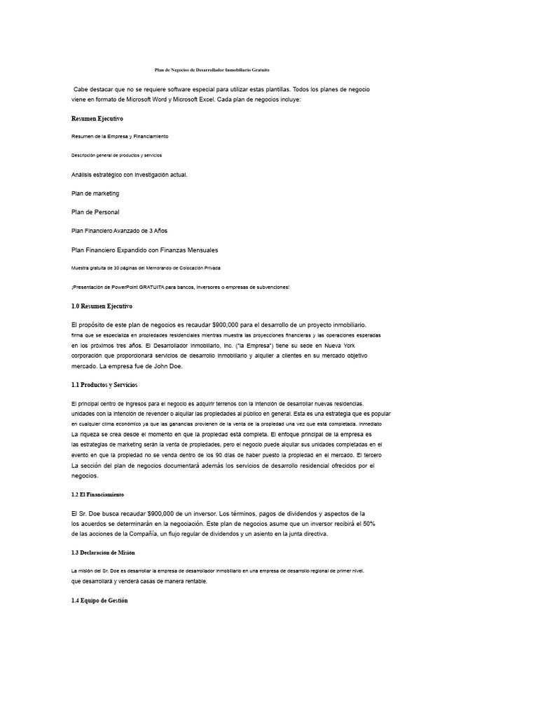 plan de negocio para el desarrollo inmobiliario | PDF | Plan de ...