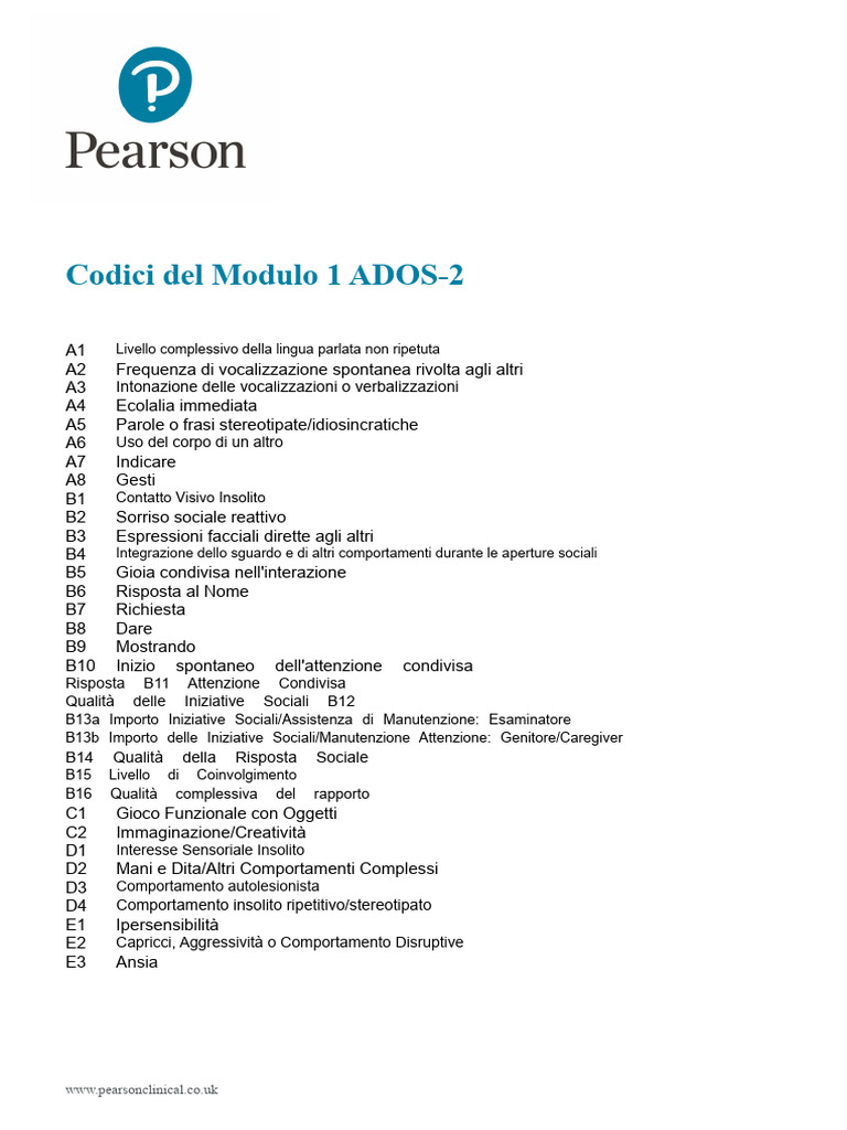 Codici Del Modulo 1 ADOS-2: WWW - Pearsonclinical.co - Uk | PDF