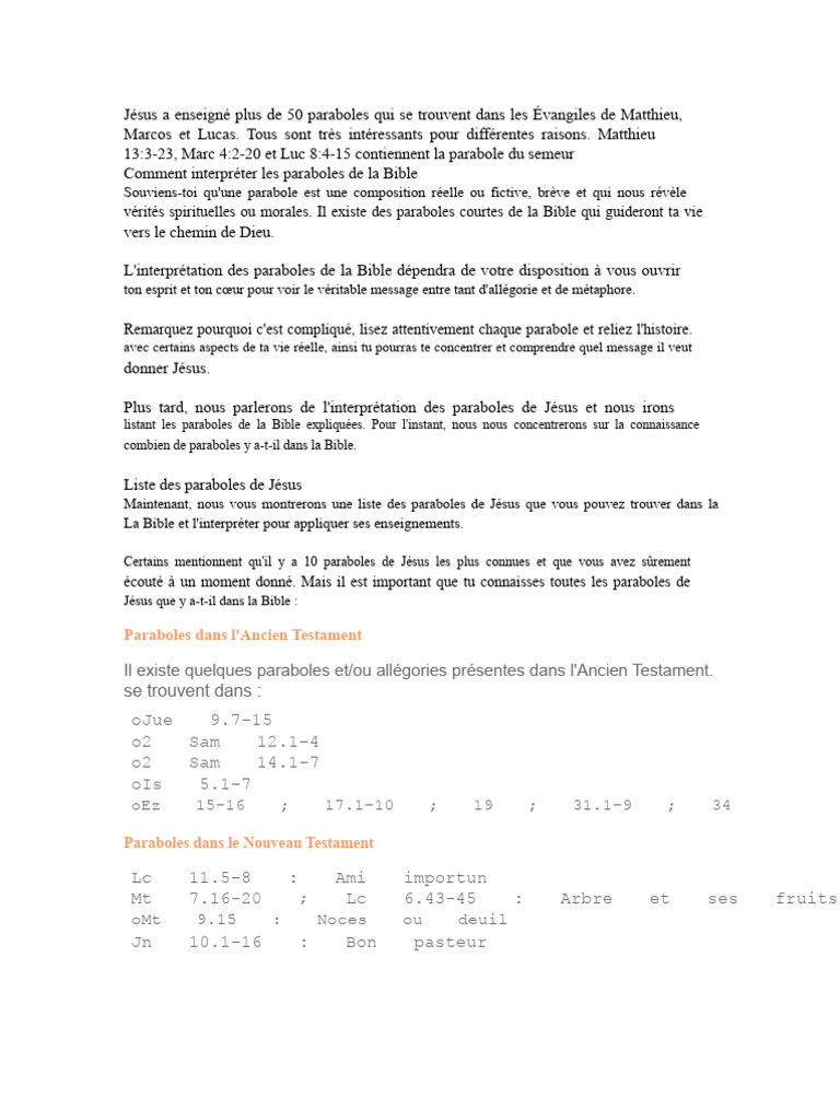 Liste des paraboles de Jésus dans la Bible | PDF | Paraboles de Jésus ...