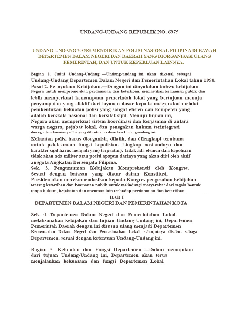 RA 6975 - Undang-Undang Departemen Dalam Negeri Dan Pemerintahan Lokal ...