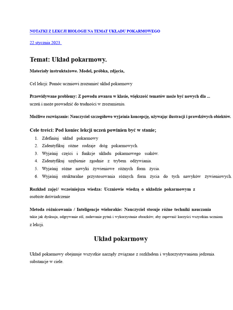 Notatki Z Lekcji Biologii Na Temat Układu Pokarmowego | PDF
