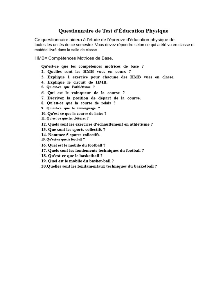 Questionnaire Éducation Physique et Basket-ball | PDF