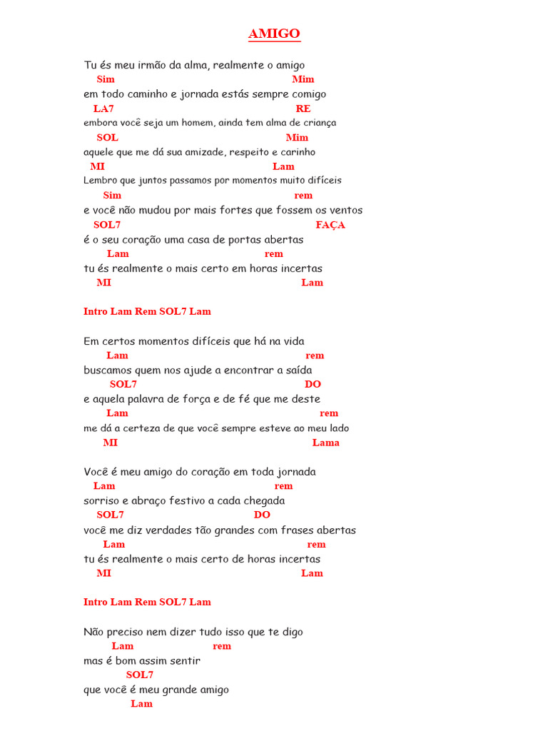Letra da música "Amigo" de Roberto Carlos | PDF