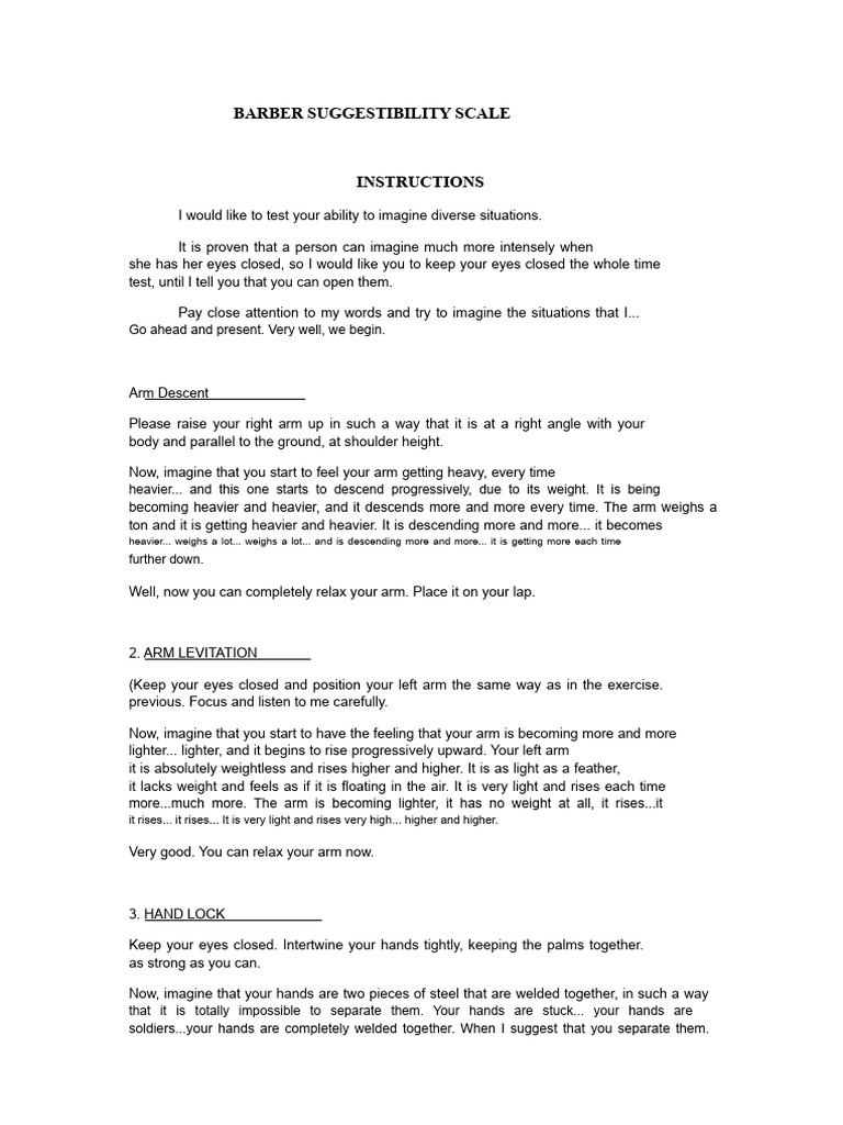 Barber's Suggestibility Scale | PDF | Hypnosis | Psychological Concepts