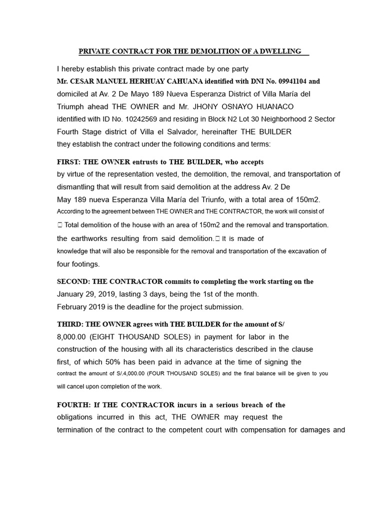 Demolition Contract for Residential Property | PDF | Breach Of Contract ...