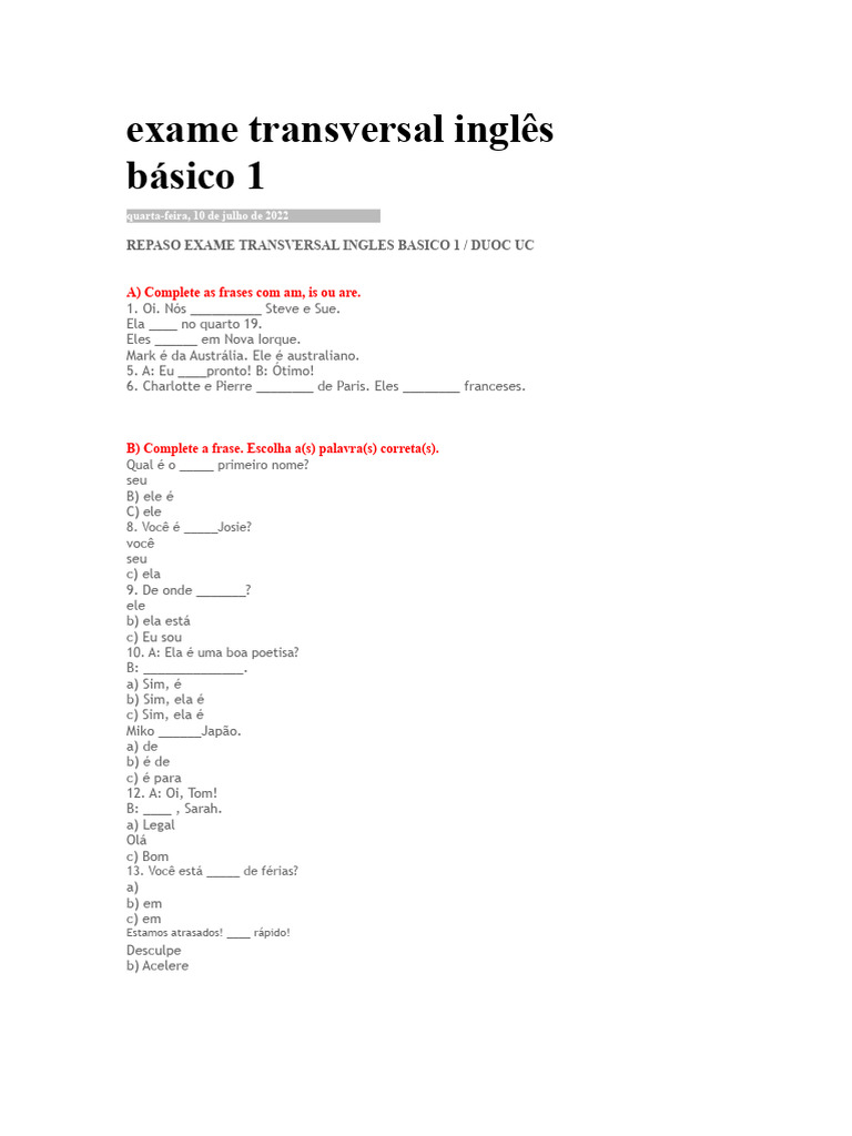 Exame de Inglês Básico 1: Atividades e Questões | PDF | Cafeteria