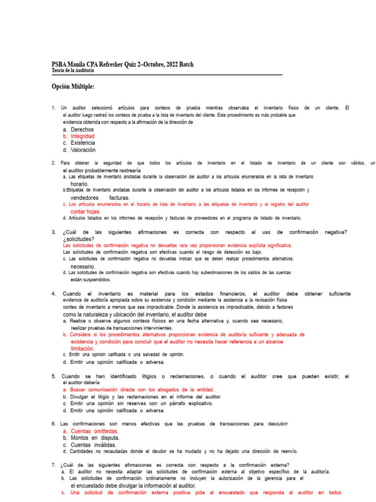 Cuestionario de Auditoría CPA Manila 2022 | PDF | Auditoría | Contralor