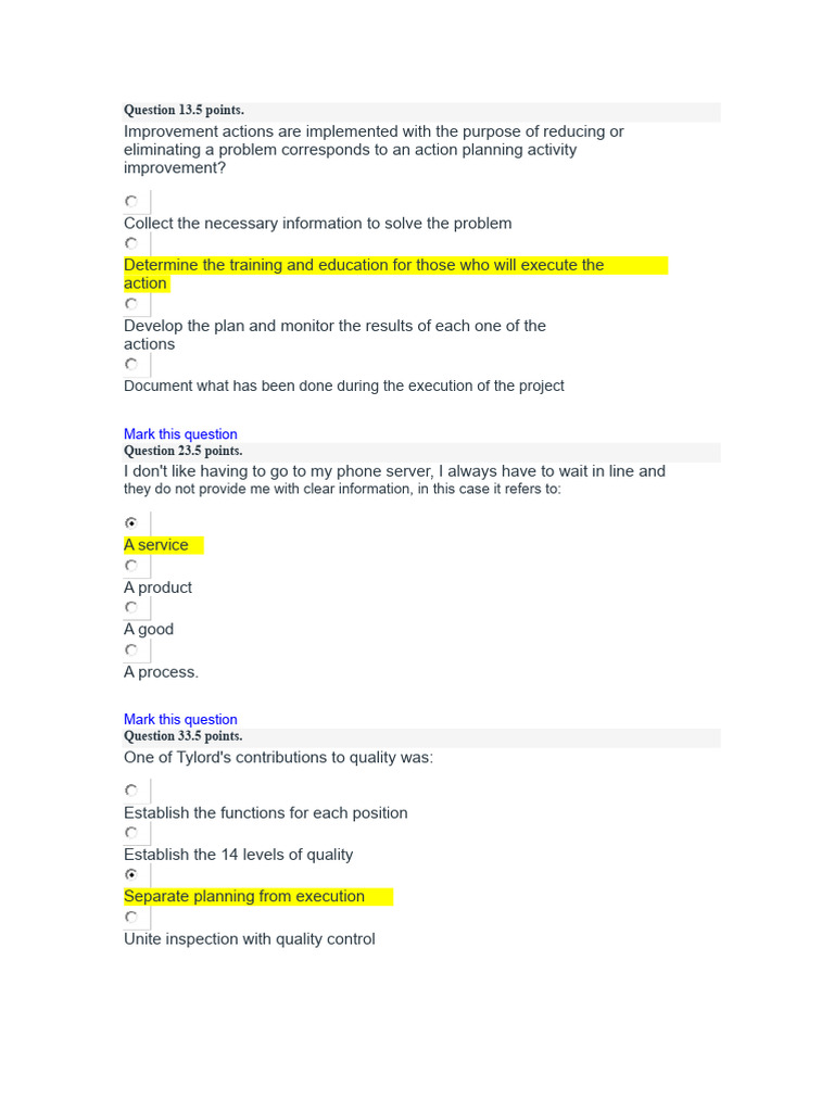 Quality Management Quiz Questions | PDF | Quality Management | Quality ...