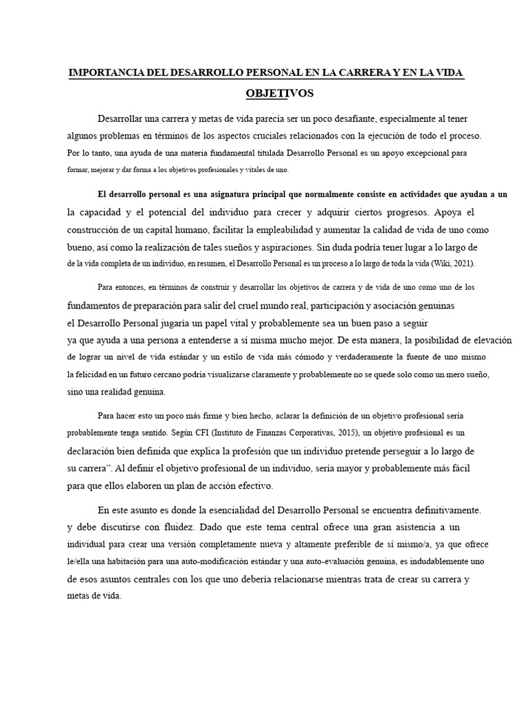 Importancia Del Desarrollo Personal en La Carrera y en Los Objetivos de ...