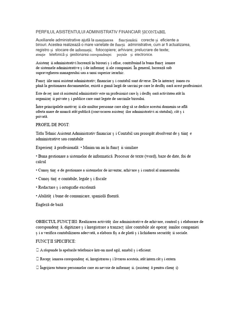 Profilul Asistentului Administrativ Financiar Și Contabil | PDF
