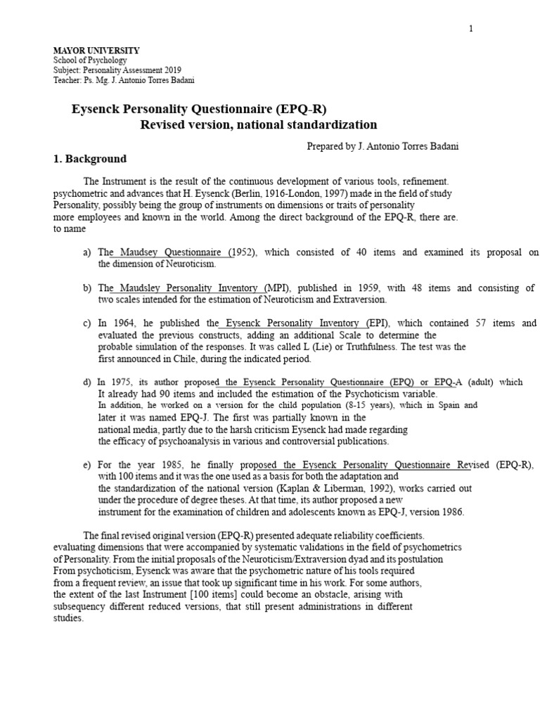 Eysenck Questionnaire EPQ-r VN (2019) | PDF | Extraversion And ...
