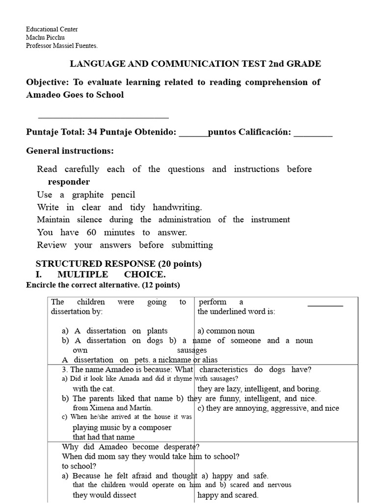 2nd Grade Language Test: Amadeo Goes to School | PDF