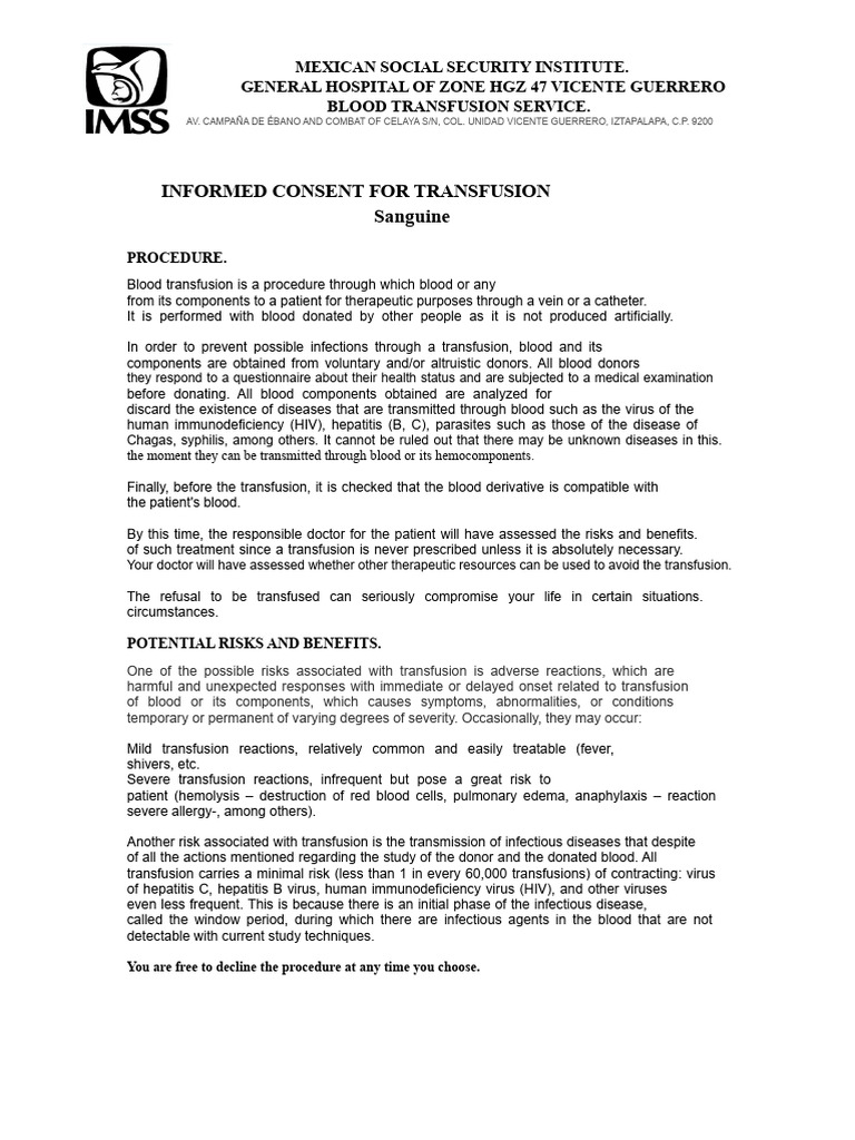 Informed Consent for Blood Transfusion | PDF | Blood Transfusion ...