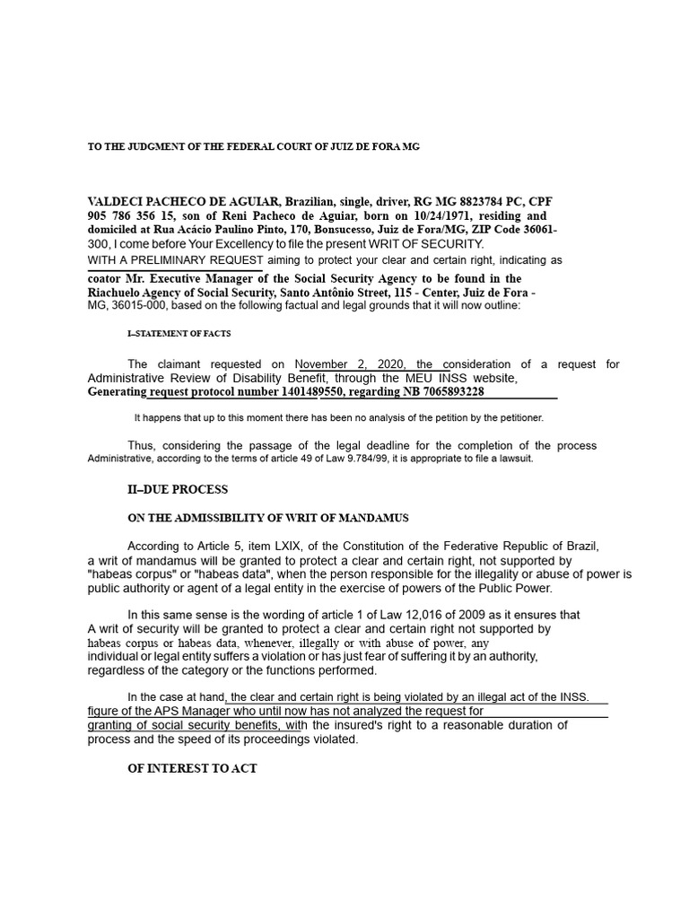 Initial Petition. Writ of Mandamus. Unjustified Delay in The Analysis ...