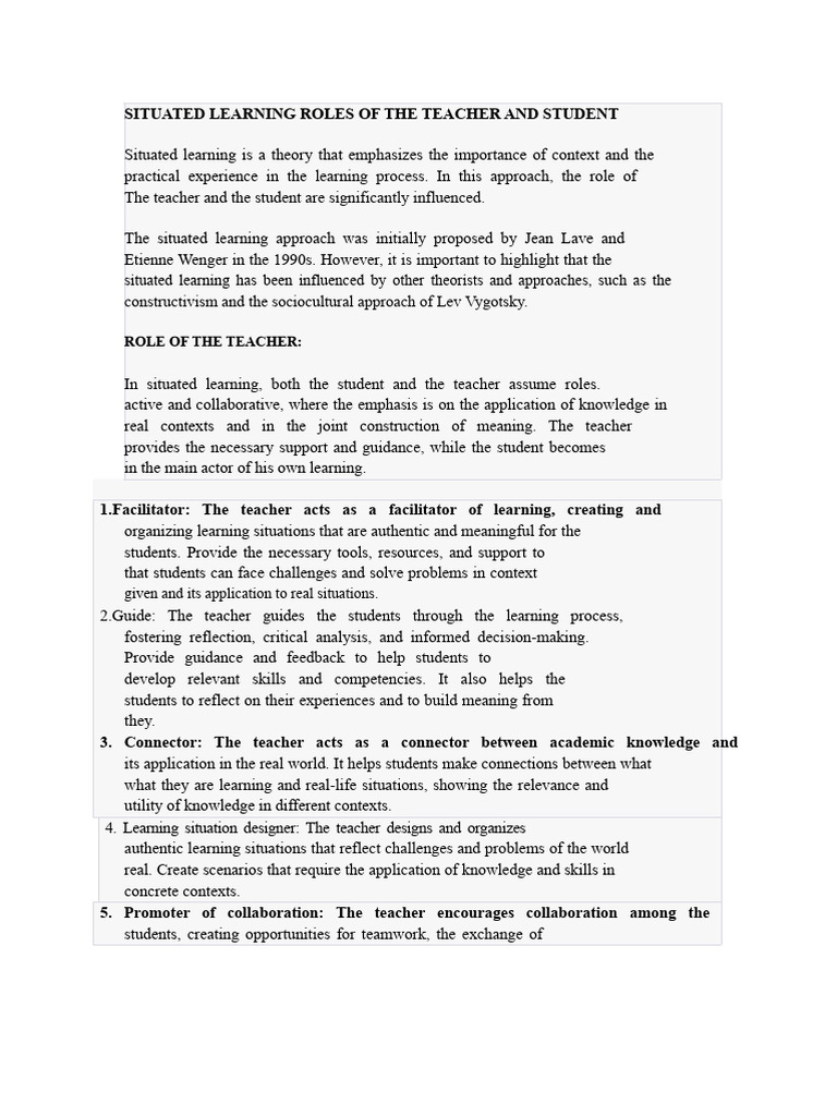 Teacher and Student Roles in Situated Learning | PDF | Learning | Knowledge