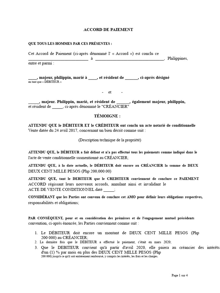 Accord de Paiement entre Débiteur et Créancier | PDF | Débiteur ...