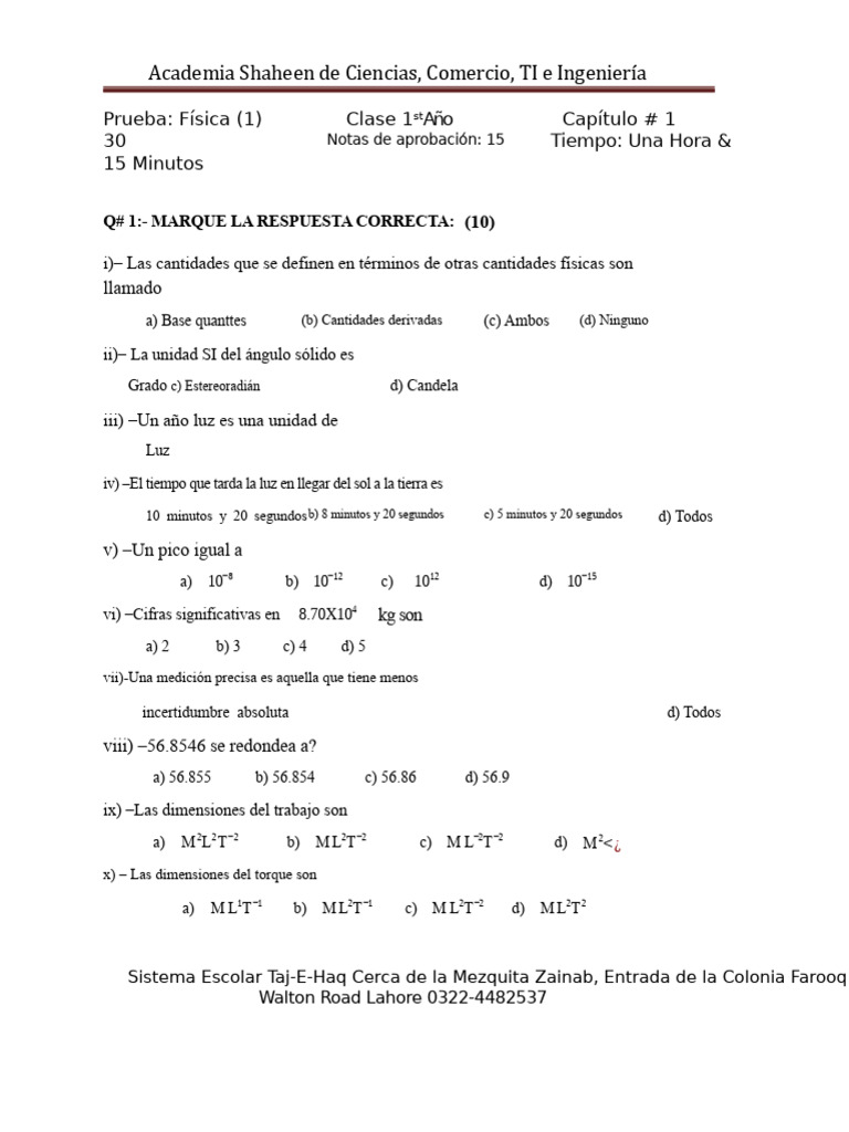 Prueba de Física: Cantidades y Unidades | PDF | Cantidades fisicas ...