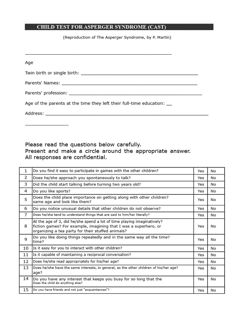 Asperger Test in Childhood Cast | PDF | Autism | Mental Disorder