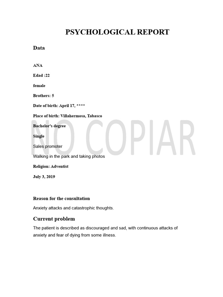 Psychological Report Ana (Example) | PDF | Mental Disorder | Diagnostic ...