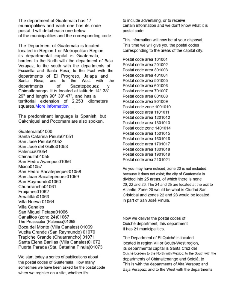 Postal Codes Dept. Guatemala | PDF | Petén Department | Guatemala