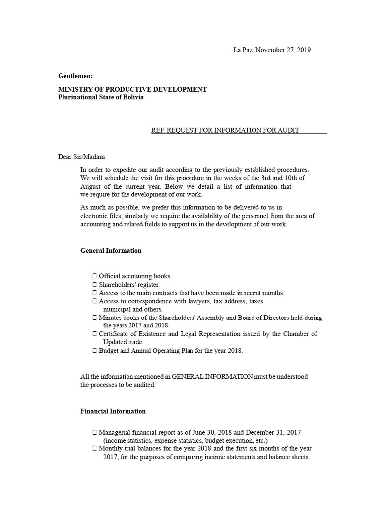 Audit Information Request for Bolivia | PDF
