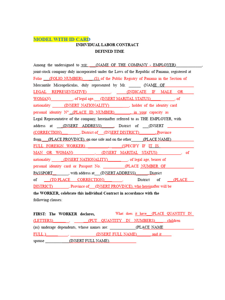 Work Contract Model For Foreigner WITH VALID CARD | PDF | Identity ...