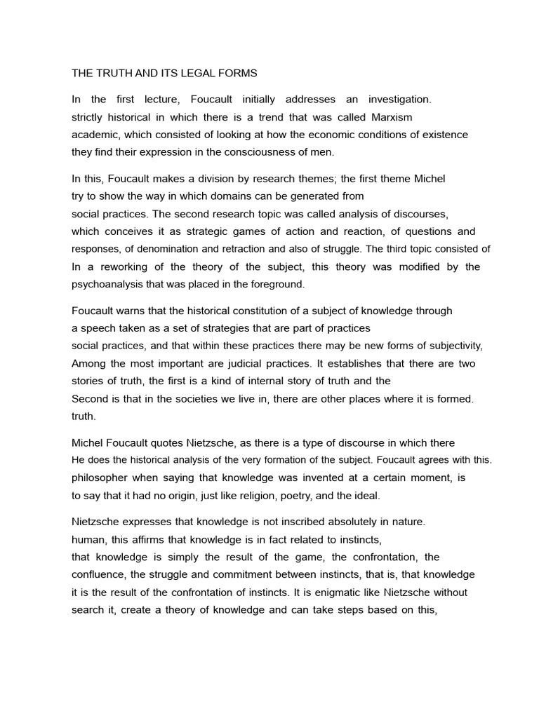 Summary The Truth and Its Legal Forms | PDF | Truth | Michel Foucault