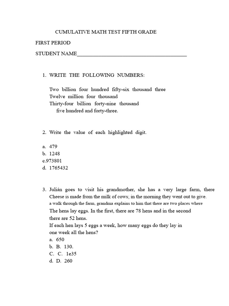 Fifth Grade Cumulative Math Test | PDF