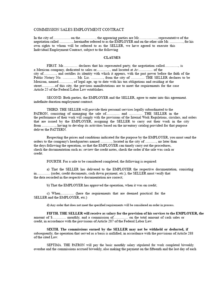 Commissioned Sales Employment Contract | PDF | Employment | Sales