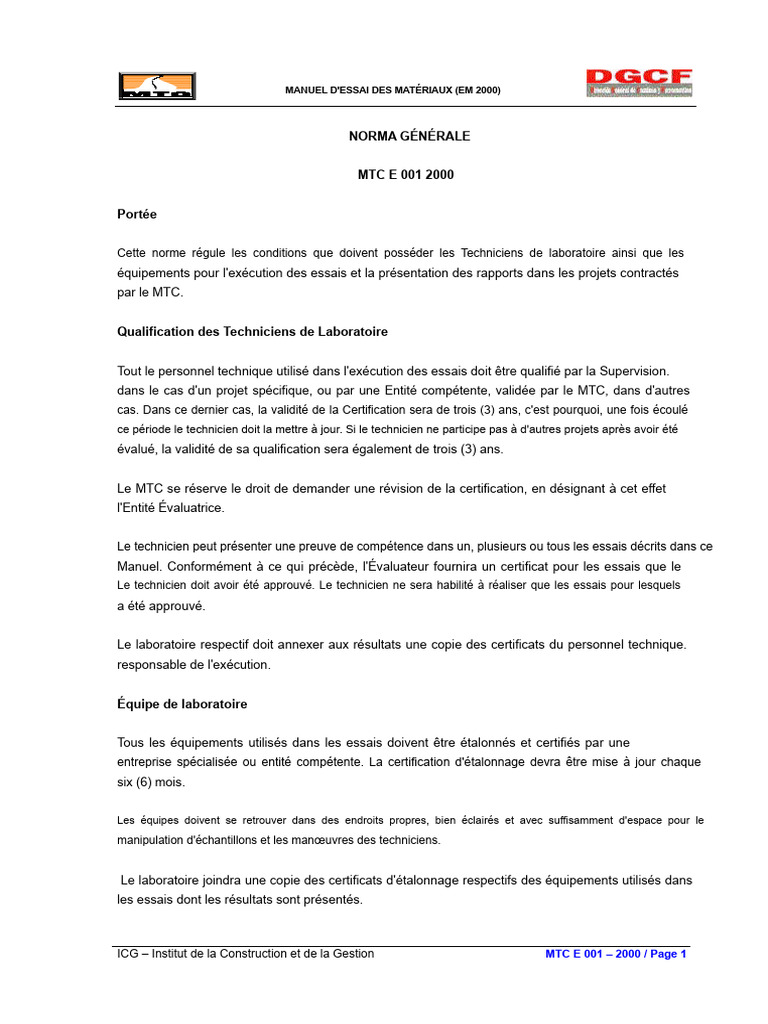 Manuel d'Essai des Matériaux MTC E 001 | PDF
