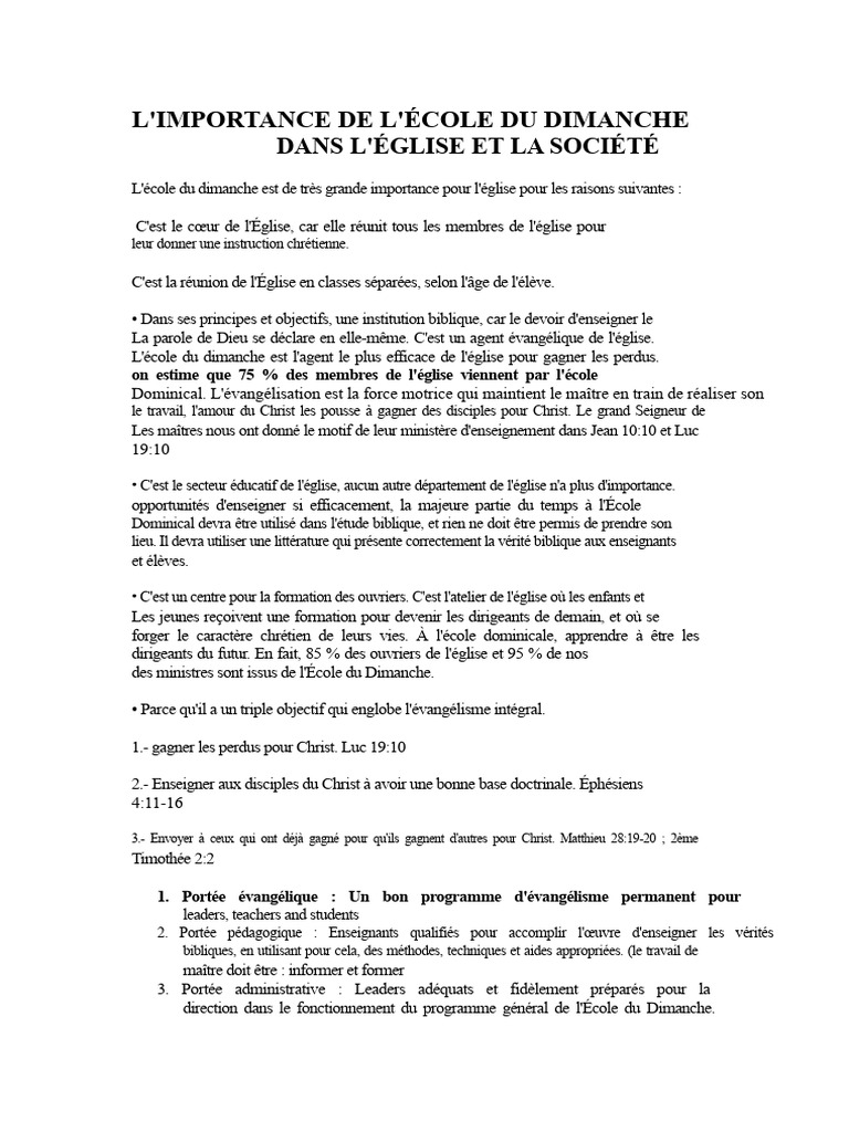Importance de l'École du Dimanche | PDF | Église chrétienne | École du ...