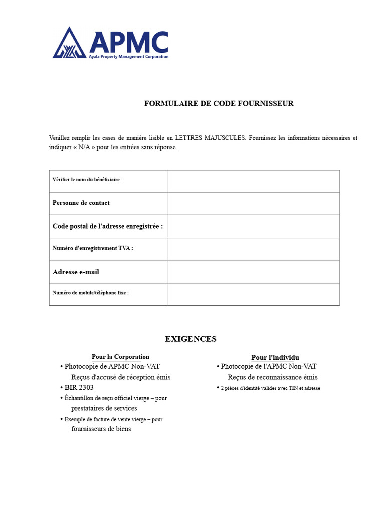 Formulaire d'inscription fournisseur | PDF