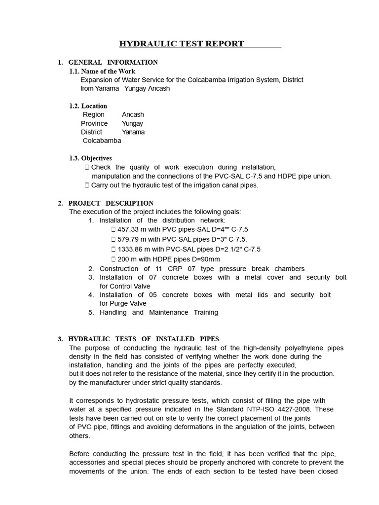 Hydraulic Test Report for Colcabamba Irrigation | PDF | Pipe (Fluid ...