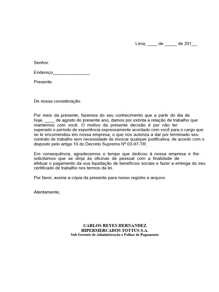 Carta de Rescisão de Contrato de Trabalho | PDF