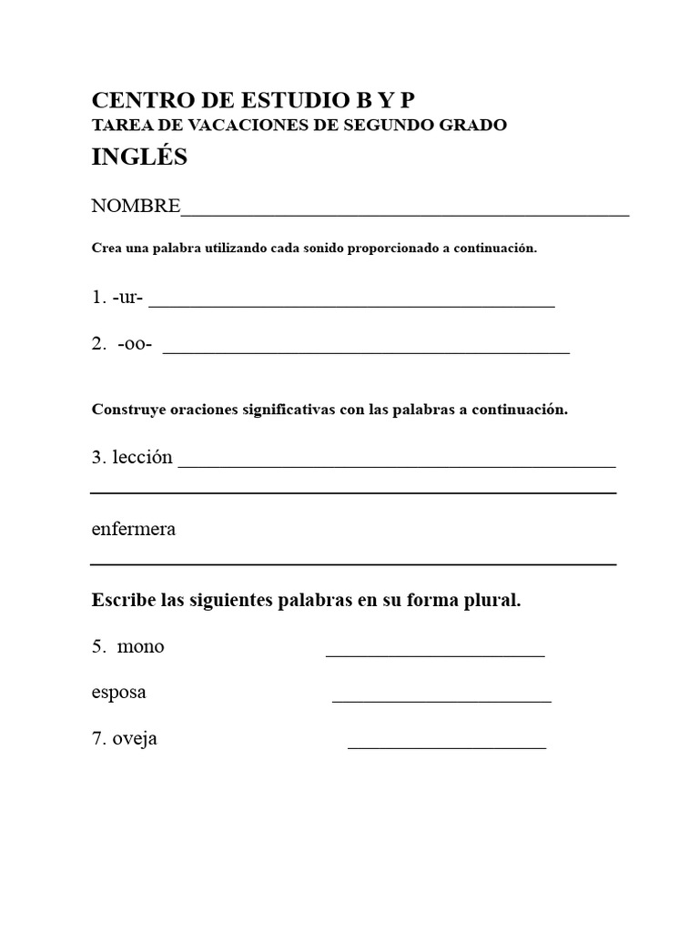 Actividades de Inglés para Segundo Grado | PDF