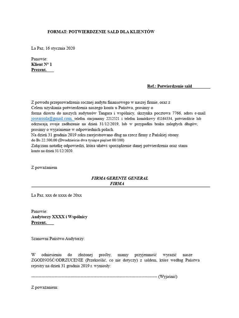 Format Listu Potwierdzenie Sald | PDF