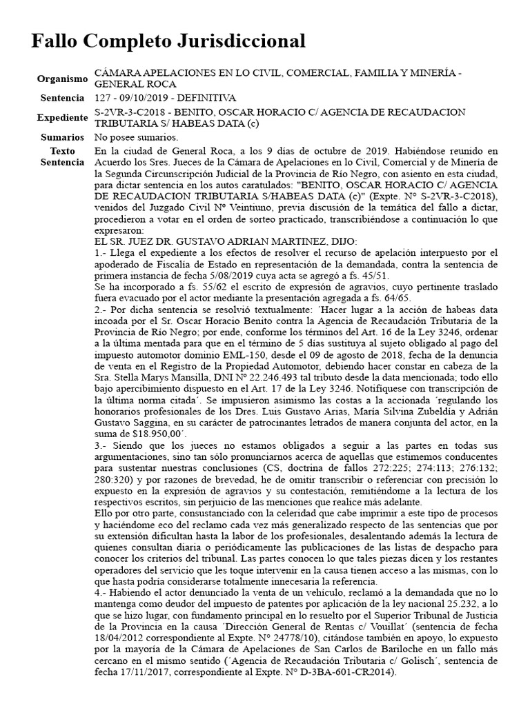 Sentencia sobre Habeas Data en Río Negro | PDF | Caso de ley ...