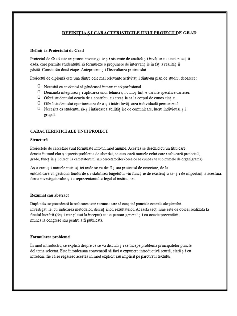 Definiție Și Caracteristici Ale Unui Proiect de Grad | PDF