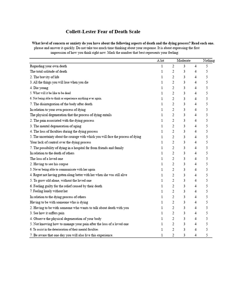Collett-Lester Death Anxiety Assessment | PDF | Behavioural Sciences ...