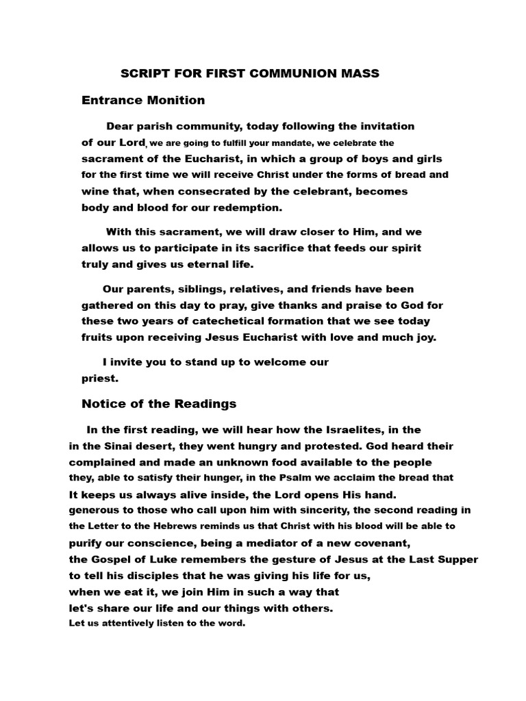 First Communion Mass Script | PDF | Eucharist | Prayer