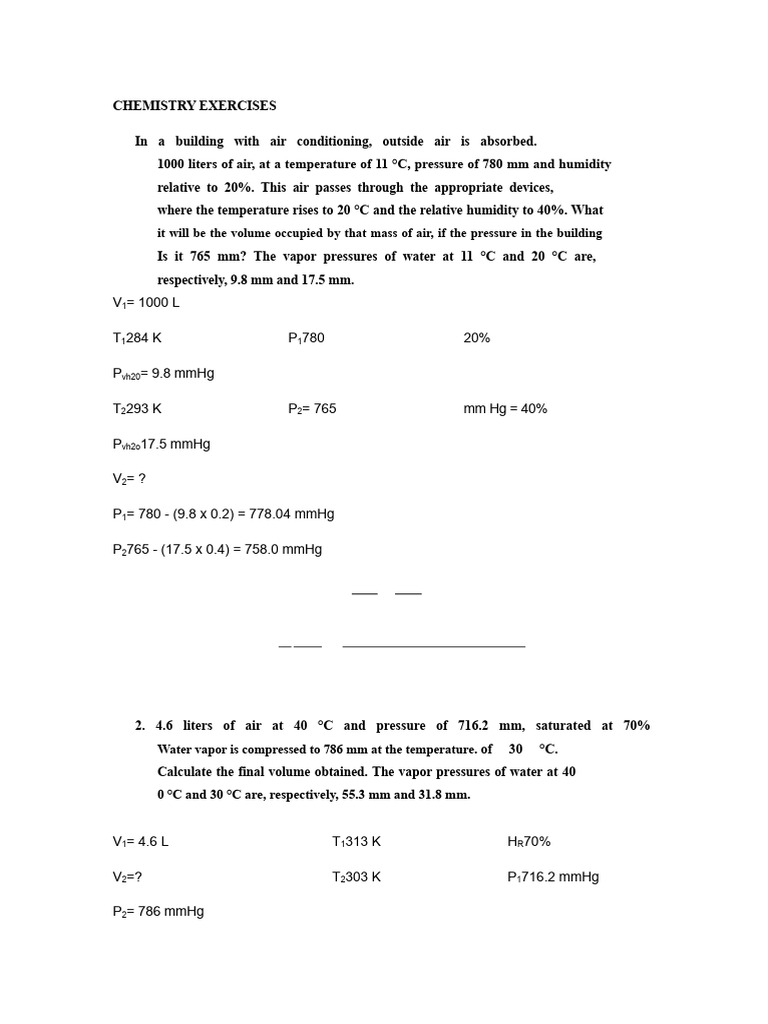 Chemistry Exercises on Gas Laws and Calculations | PDF | Mole (Unit ...